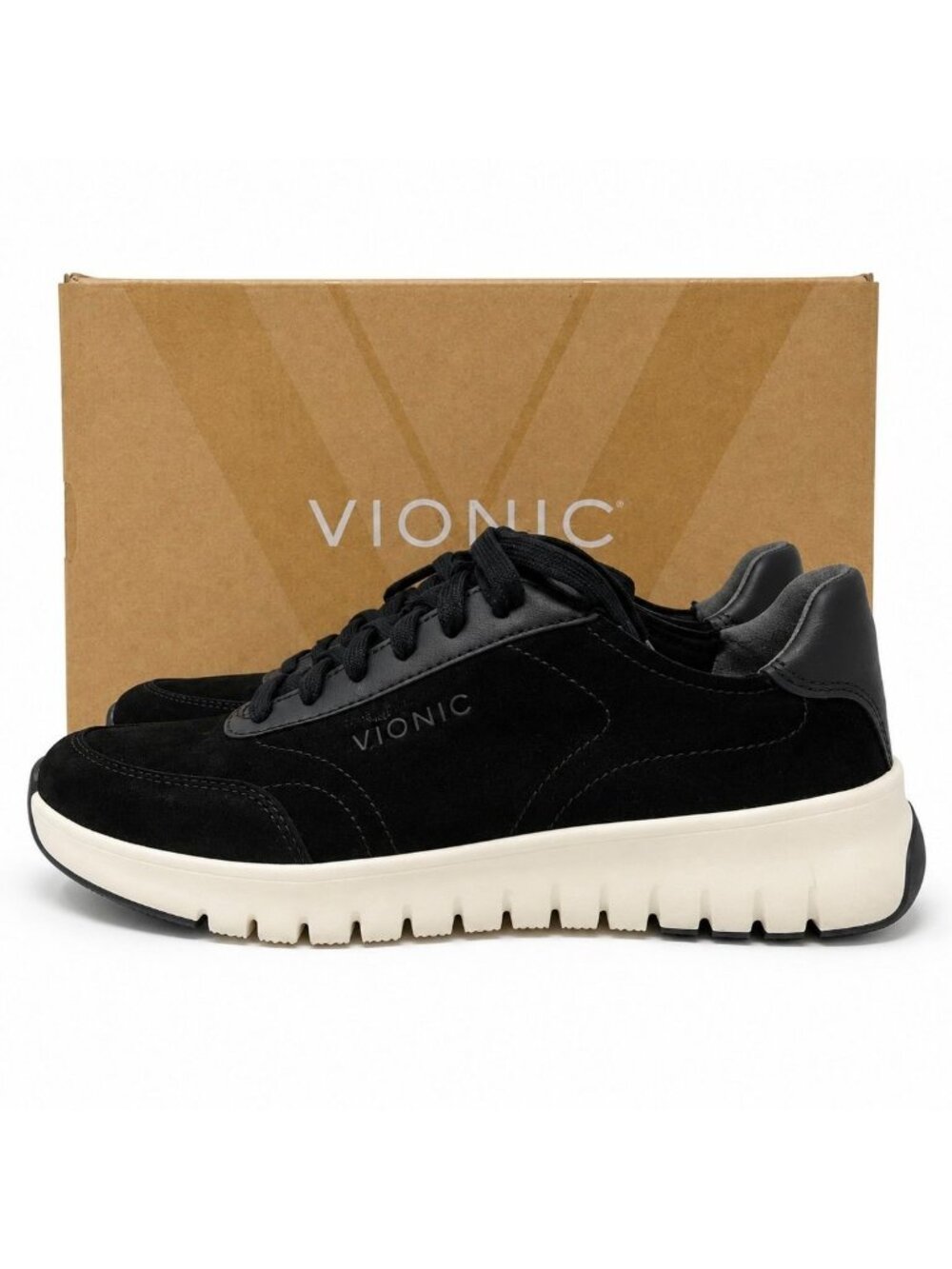 Vionic Uptown Supportive Sneakers Women 10 Wide Black Suede Leather Walking Shoe